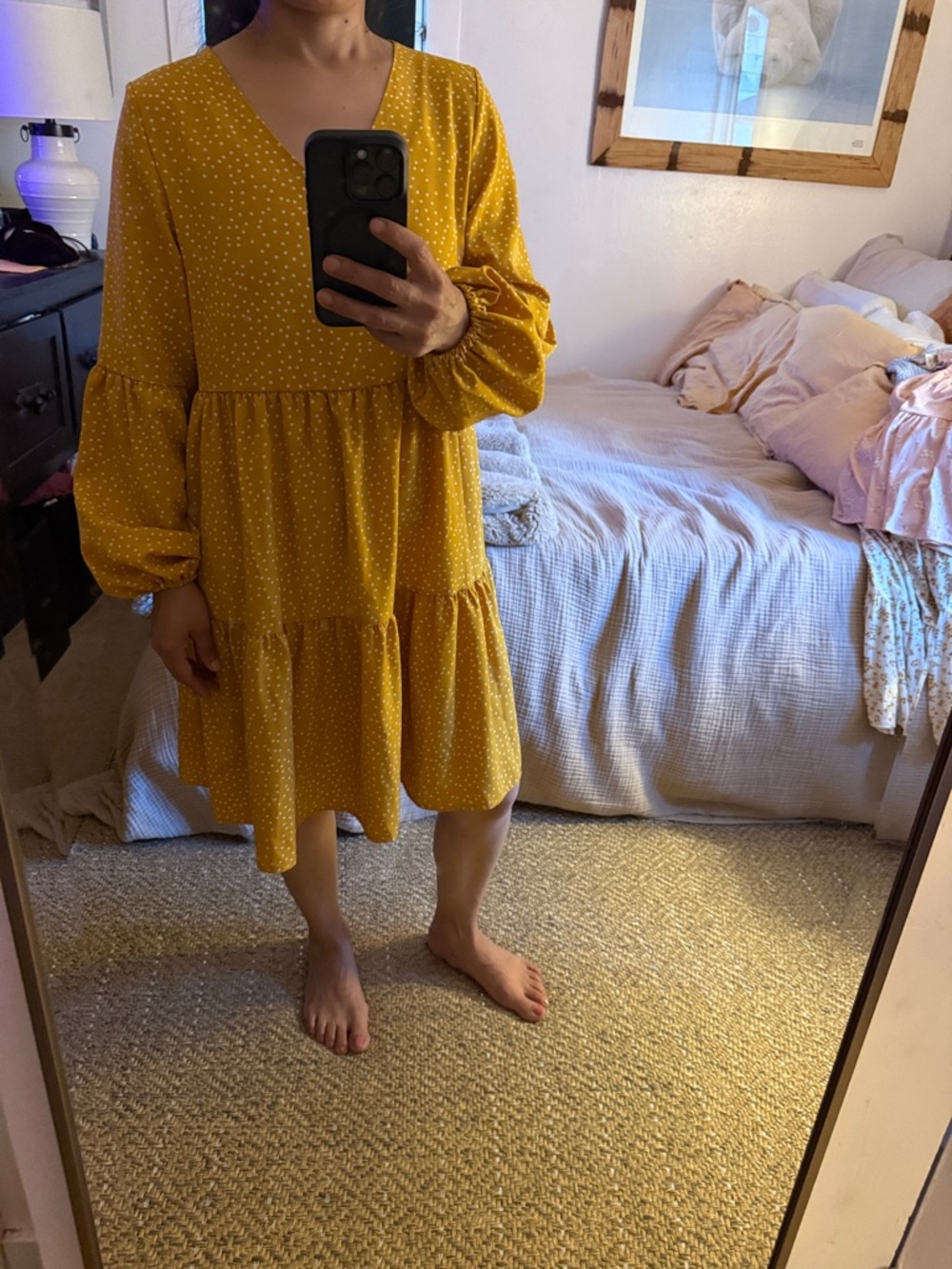 Mustard Yellow Polka Dot V-Neck Tiered Dress - Unknown Brand